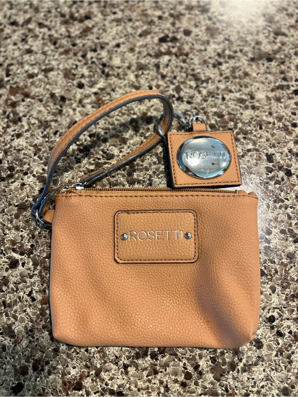 Rosetti Tan Pebbled Wristlet with Logo Charm